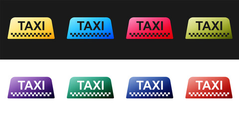Set Taxi car roof sign icon isolated on black and white background. Vector.