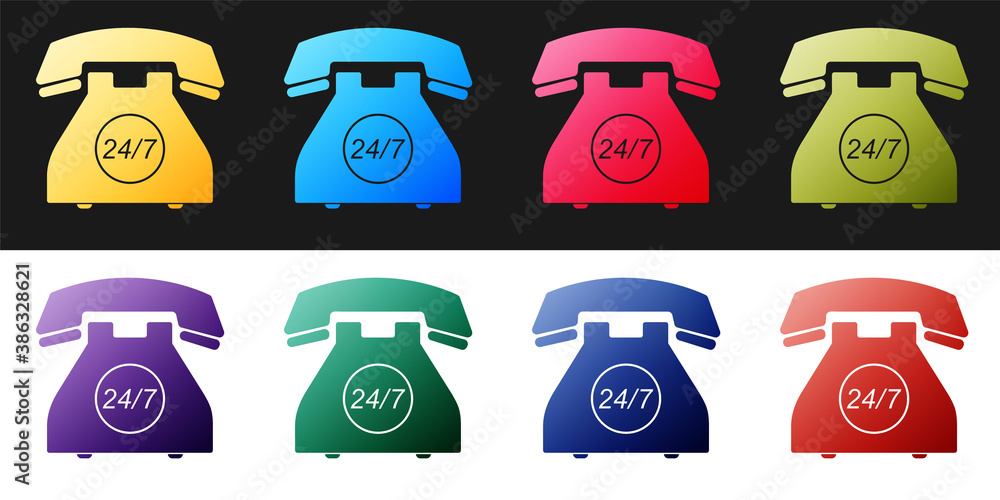 Poster set telephone 24 hours support icon isolated on black and white background. all-day customer support