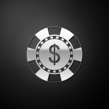 Silver Casino chip and dollar symbol icon isolated on black background. Long shadow style. Vector.