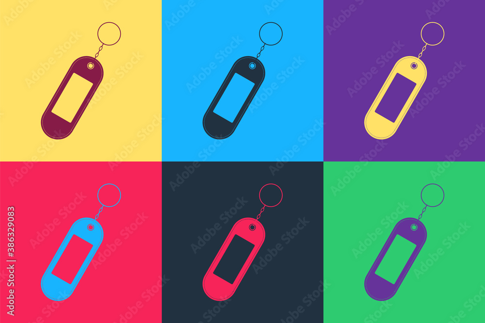 Poster pop art key chain icon isolated on color background. blank rectangular keychain with ring and chain 