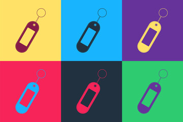 Pop art Key chain icon isolated on color background. Blank rectangular keychain with ring and chain for key. Vector.