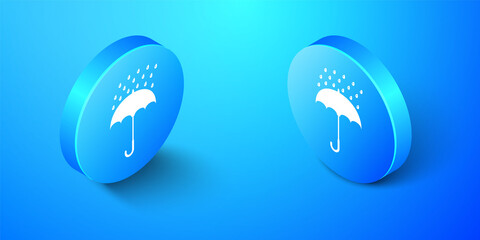 Isometric Umbrella and rain drops icon isolated on blue background. Blue circle button. Vector.