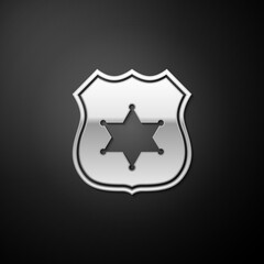 Silver Police badge icon isolated on black background. Sheriff badge sign. Long shadow style. Vector.