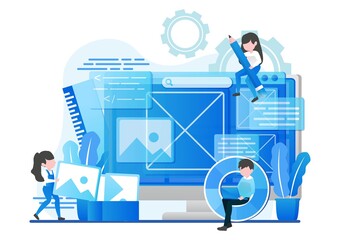 UI design concept with character and text for designer. Device content place infographic. Software group, kit for phone seo programming. Tiny people illustration. Vector illustration