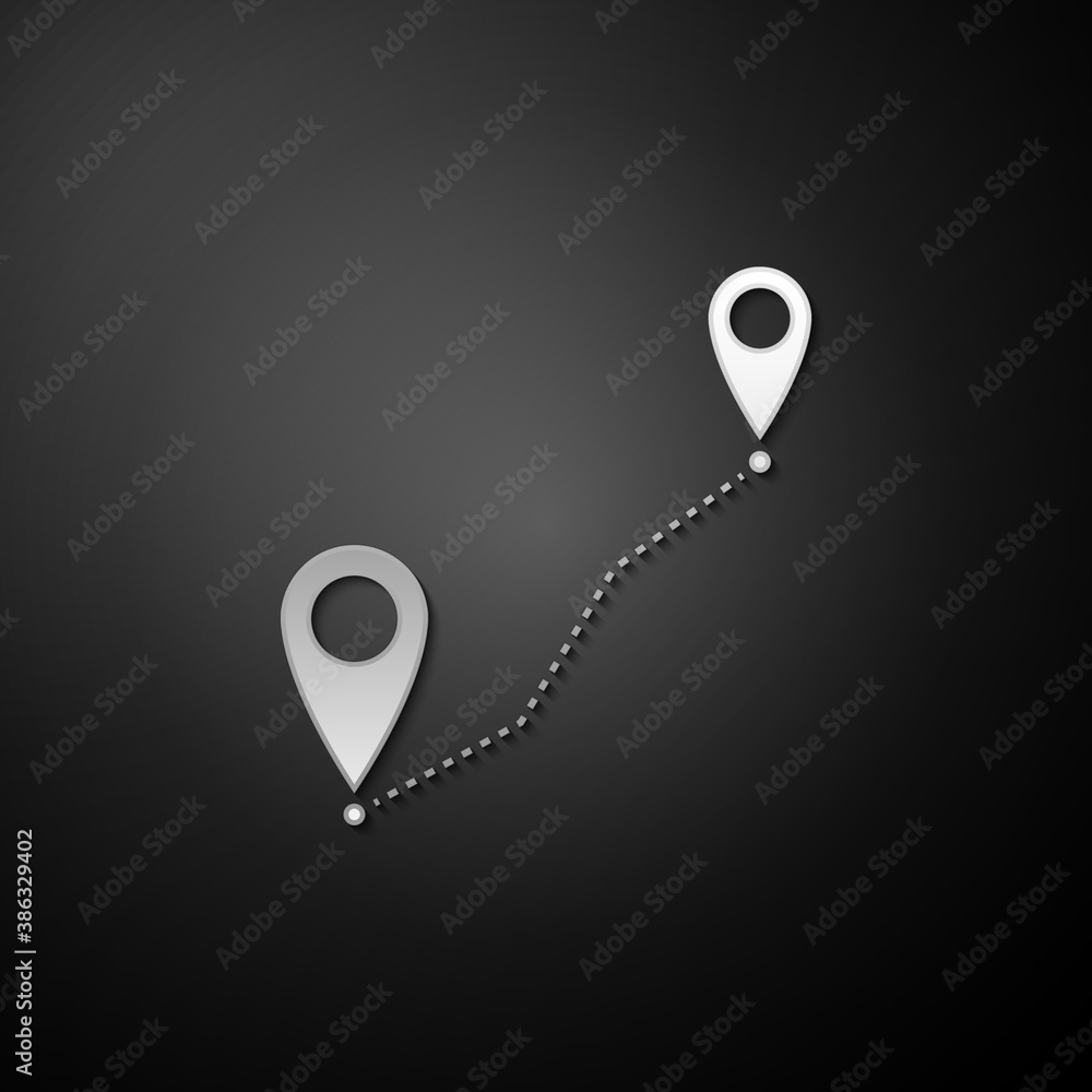 Poster silver route location icon isolated on black background. map pointer sign. concept of path or road. 