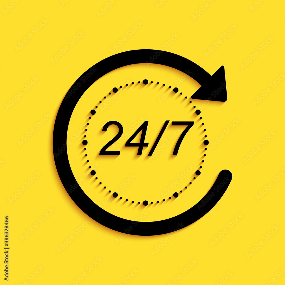 Poster black open 24 hours a day and 7 days a week icon isolated on yellow background. all day cyclic icon.