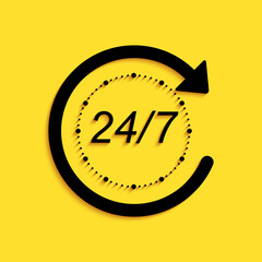 Black Open 24 hours a day and 7 days a week icon isolated on yellow background. All day cyclic icon. Long shadow style. Vector.