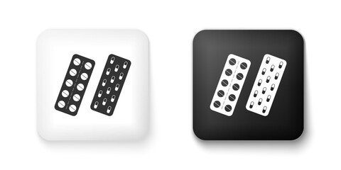 Black and white Pills or capsules in blister package icon isolated on white background. Tablets in package. Medications Accessory pharmacies and first aid kits. Square button. Vector.
