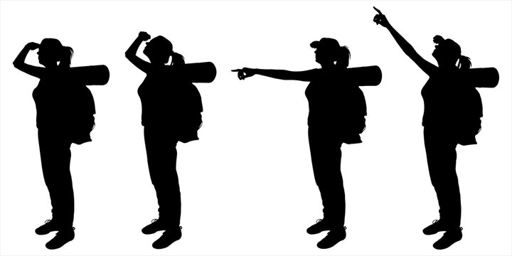 Girl with a backpack behind her back. Woman stands and shows the direction with her hand. Tourist looks up and around. Hiking. Four black female silhouettes are isolated on a white background.
