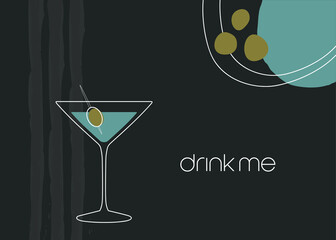 Modern design coctail glass with olive, dark background, drink doodle vector