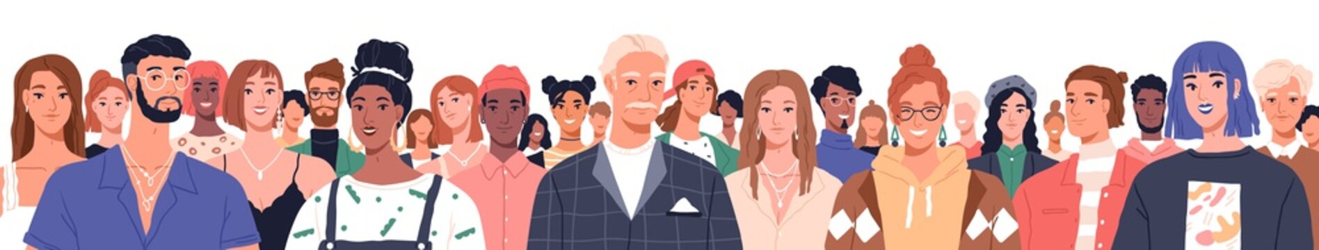 Portrait of diverse people standing together vector flat illustration. Group man and woman of different nationality and ages isolated. United of various generations. Social diversity or population