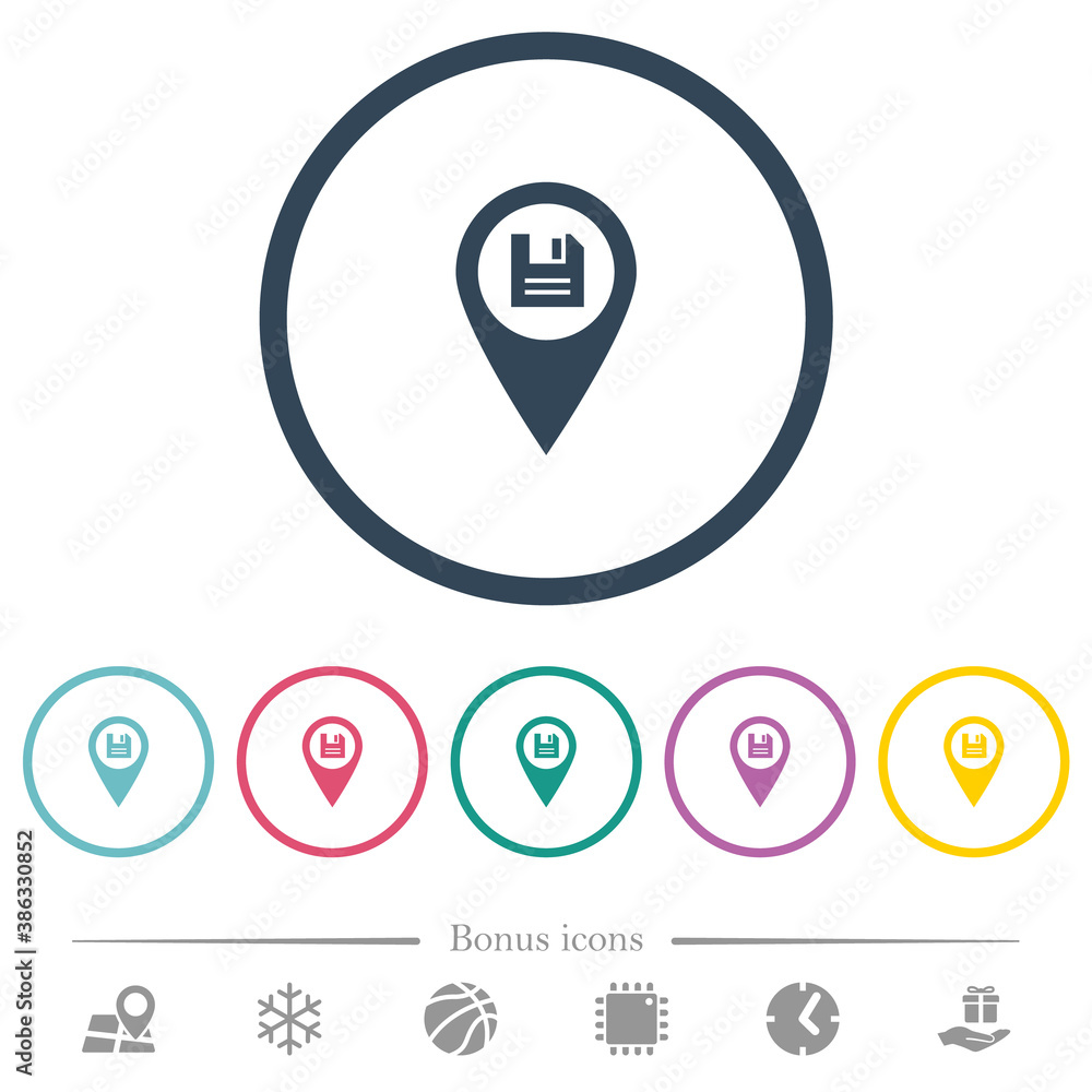 Poster save gps map location flat color icons in round outlines