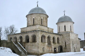 Ivangorod Leningrad Oblast Russia. March 2 2017. Khram Uspeniya Presvyatoy Bogoroditsy, Khram Svt. Nikolaya Chudotvortsa