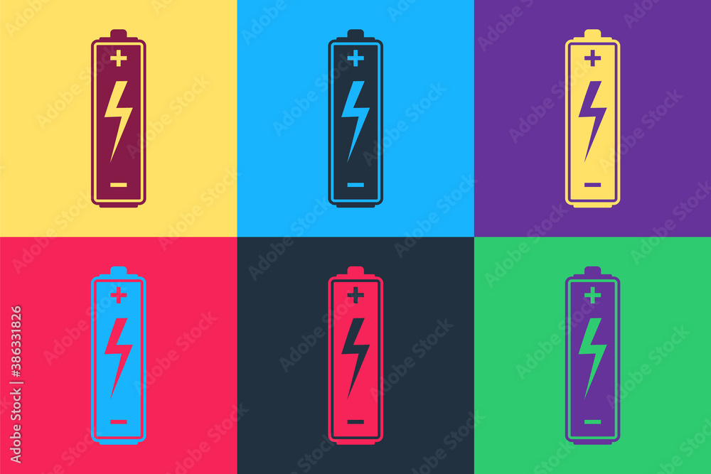 Poster pop art battery icon isolated on color background. lightning bolt symbol. vector.