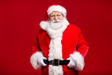 Photo of retired old man grey beard hand hip cheerful self-assured wait last days before newyear...
