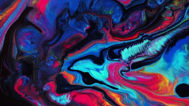 Fluid art drawing video, modern acryl texture with flowing effect. Liquid paint mixing backdrop with splash and swirl. Detailed background motion with blue, black and orange overflowing colors