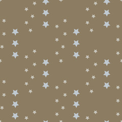Seamless pattern with gray and discreet light blue stars on beige background. Vector image.
