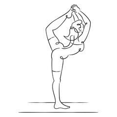 Young woman in bodysuit is engaged in practicing sports yoga exercises.