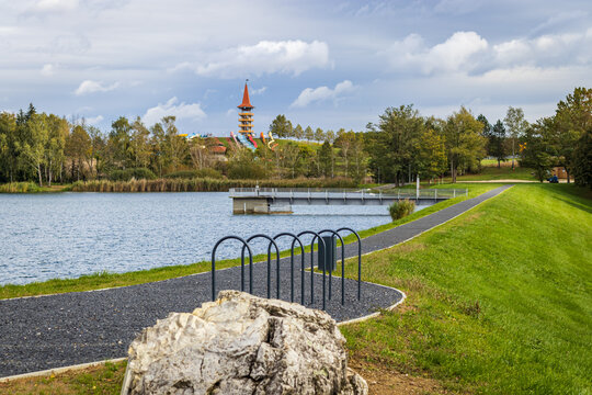 Embankment of Lake Gebart (G&eacute;b&aacute;rti-t&oacute;) in autumn in Zalaegerszeg