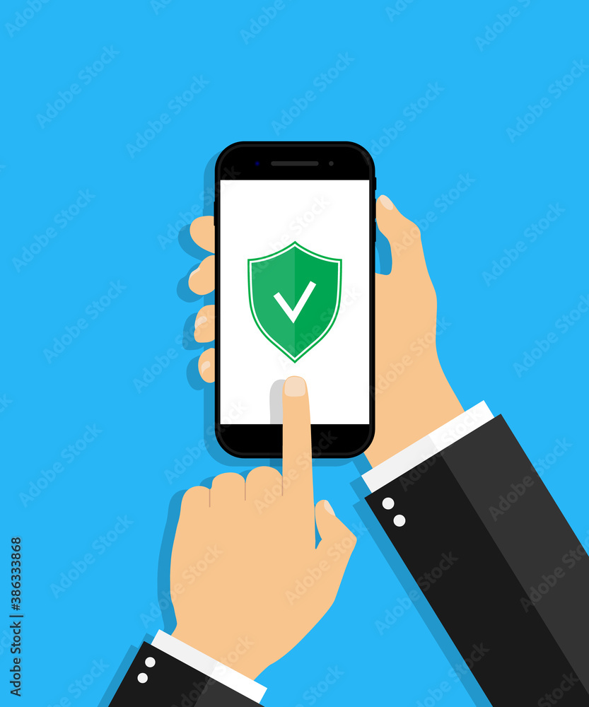 Poster mobile antivirus. check with shield antivirus in phone. hand hold cellphone with secure login. prote