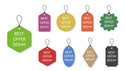 Tag with price. Label for gift or luggage. Hang paper mockup. Card for sale and discount. Icon for products in shop, presents and stickers. Color realistic templates for retail and website. Vector