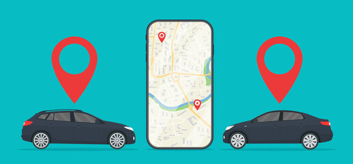 Car with app of cab in mobile. Uber taxi. Rent of car in city. Online service with location of auto in phone. Application of gps navigation on road for travel. Order for taxi with urban map. Vector