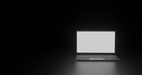 Laptop with blank screen at Spotlight and Dark Background. 3D rendering Illustration for technology, computer, mobility wit space for text