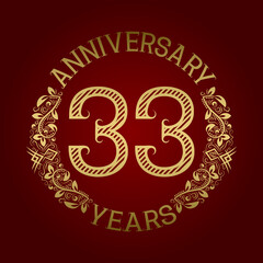 Golden emblem of thirty third anniversary. Celebration patterned sign on red.