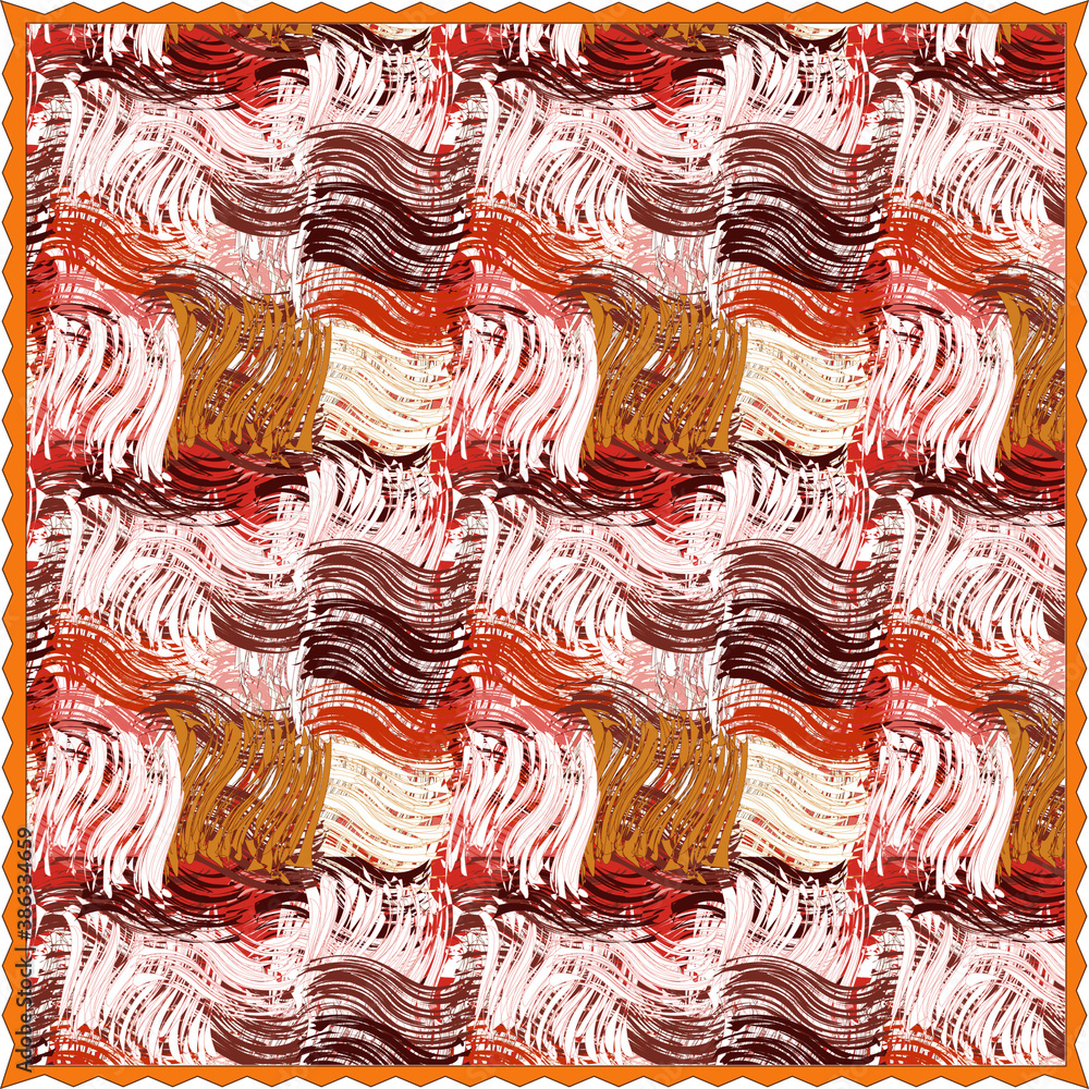 Wall mural Square carpet with striped grunge wavy checkered  pattern in orange, brown, white colors and fringe isolated on white