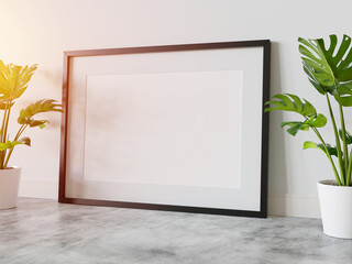 Fototapeta na wymiar Black frame leaning on floor in interior mockup. Template of a picture framed on a wall 3D rendering