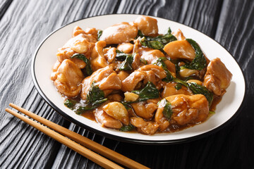 Chinese cuisine three cup chicken in a spicy sauce with basil close-up in a plate on the table. horizontal