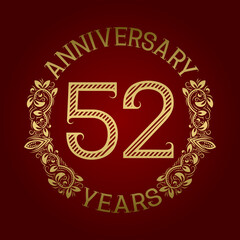 Golden emblem of fifty second anniversary. Celebration patterned sign on red.