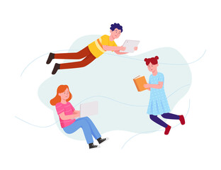 Concept of Three Kids Reading With Book and Gadget Flat Illustration