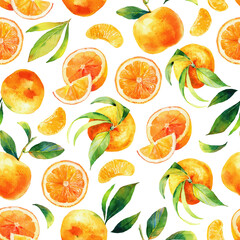 Seamless watercolour citrus fruits and leaves pattern. Green leaves and orange fruits on white background. Seamless mandarin and oranges watercolour illustration