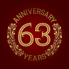Golden emblem of sixty third anniversary. Celebration patterned sign on red.