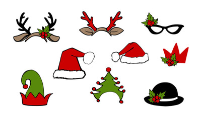 Christmas santa hat and reindeer headband, claus, elf, deer costume holiday photo booth props. Vector xmas masquerade party accessories collection. Noel decoration with fun sign in arrow and bubble.