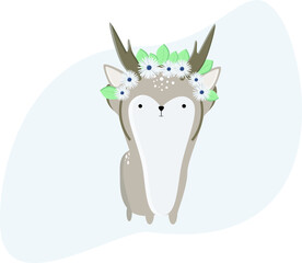 Cute fawn with flowers on its head on a blue watercolor background. Vector illustration