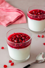 Italian dessert panna cotta with pomegranate. Vegetarian food. Healthy eating. Recipe.