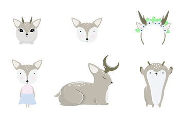 Set with cute fawns on a white background. Vector illustration