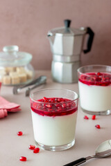 Italian dessert panna cotta with pomegranate. Vegetarian food. Healthy eating. Recipe.