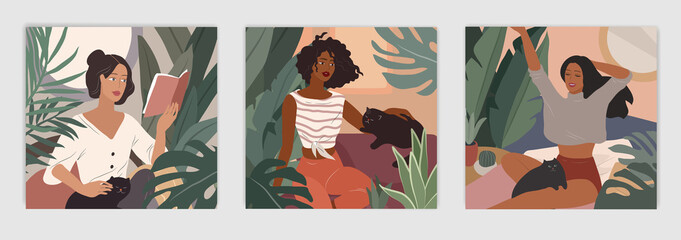 Feminine concept flyers. Happy cute girls resting with cat and home plants. Feminine Daily life by young woman concept. Fashion illustration by female beauty and mental