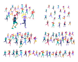 People Marathon Running Sport race sprint, concept illustration running men and women wearing sportswer in landscape. Jogging at Training. Healthy Active Speed Exercise. Cartoon Vector