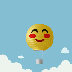 hot air balloon Emoji Emoticon flying with clouds on sky, traveling concept, Cute smiling emoticon