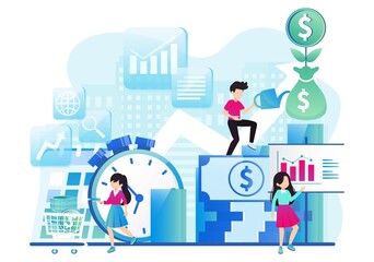 Business people working together and growing a successful financial chart with sprouting plants on a digital tablet: investments and finance concept. Vector illustration