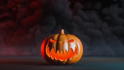 Halloween pumpkin in dark smoke. Orange halloween pumpkin on black background. 3d illustration