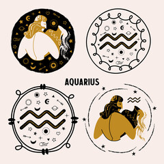Horoscope and astrology. The zodiac sign Aquarius. Black and gold. Vector illustration in a flat style.