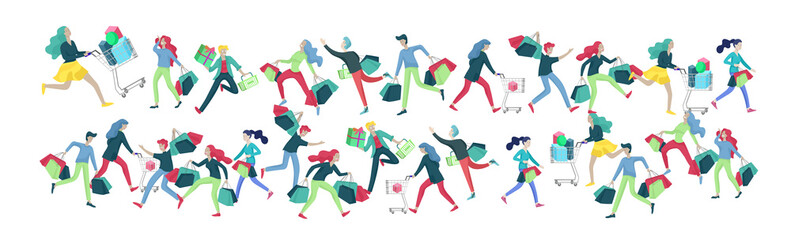 Collection of people carrying shopping bags with purchases. Madness on sale, line of crazy Men and women taking part in seasonal sale at store, shop, mall. Cartoon characters concept for black friday.