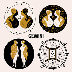 Gemini. Zodiac sign. Two girls are twins. Constellation of Gemini. Vector illustration in a flat style.