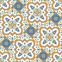 Spanish tile pattern vector seamless with floral parquet motifs. Portuguese azulejo, mexican talavera, italian majolica or moroccan ceramic. Mosaic texture for kitchen wall or bathroom floor.