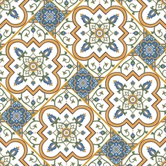 Tapeten Spanish tile pattern vector seamless with floral parquet motifs. Portuguese azulejo, mexican talavera, italian majolica or moroccan ceramic. Mosaic texture for kitchen wall or bathroom floor. © irinelle